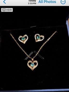 CDC Gold Heart Necklace and Earrings Set with Teal Stones